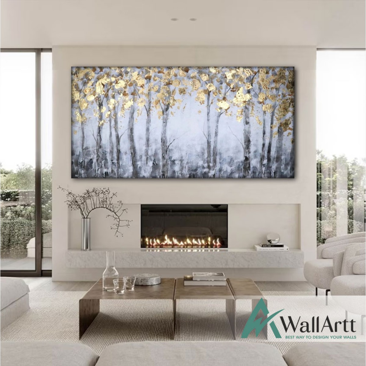 Gold Leaves Textured Partial Oil Painting - Wall Art